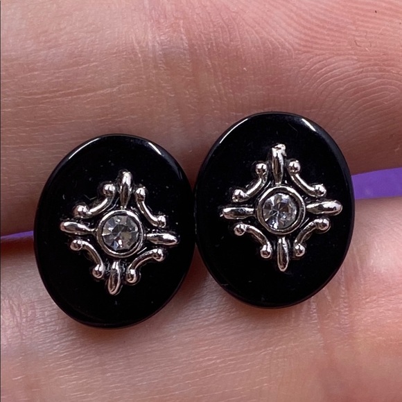 💛 Vintage Avon Silver Crystal Black Stud Earrings - Picture 3 of 5